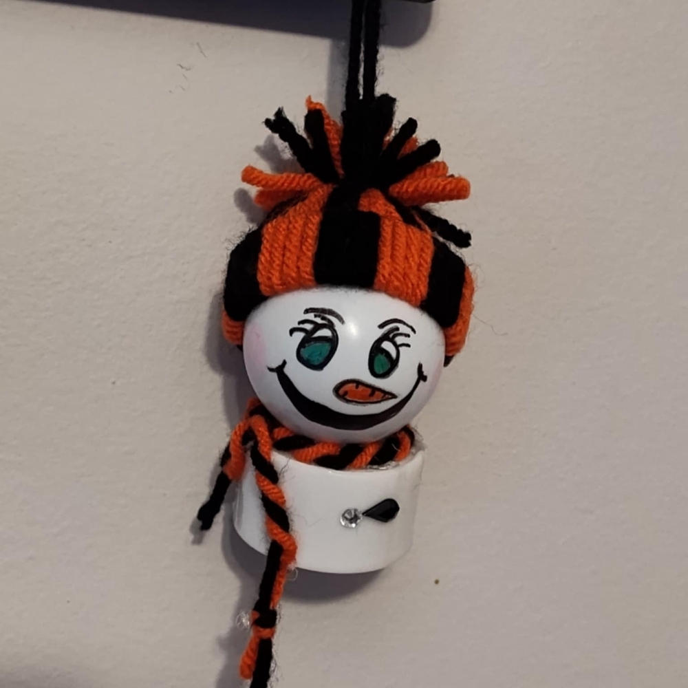 Tea Light Up Orange & Black Yarn Snowman With Beanie Hat & Scarf Ornament
